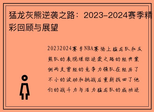 猛龙灰熊逆袭之路：2023-2024赛季精彩回顾与展望