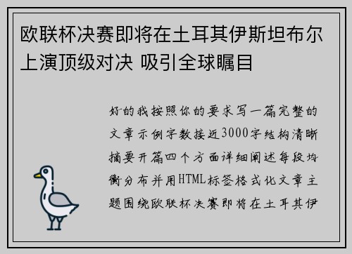 欧联杯决赛即将在土耳其伊斯坦布尔上演顶级对决 吸引全球瞩目 欧联杯决赛即将在土耳其伊斯坦布尔上演顶级对决 吸引全球瞩目
