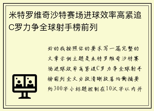 米特罗维奇沙特赛场进球效率高紧追C罗力争全球射手榜前列 米特罗维奇沙特赛场进球效率高紧追C罗力争全球射手榜前列