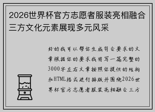 2026世界杯官方志愿者服装亮相融合三方文化元素展现多元风采 2026世界杯官方志愿者服装亮相融合三方文化元素展现多元风采